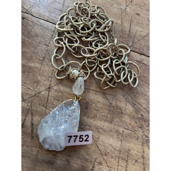 Gold-Tone Chain Necklace With Raw Quartz Pendant & Pearl Accent - Picture 6 of 14
